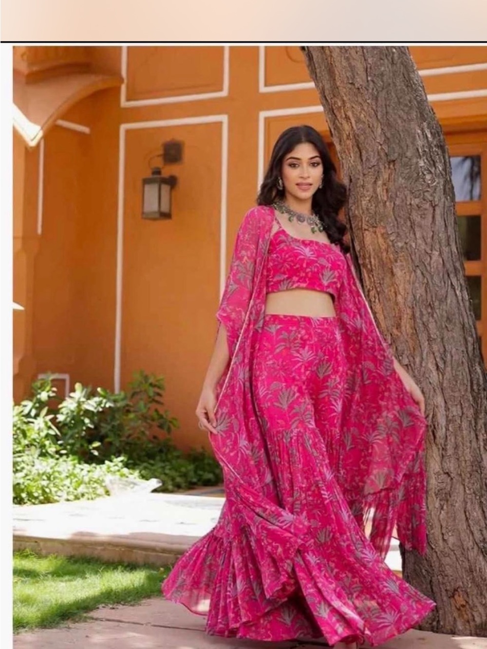 Women’s Pink Floral sharara three piece Set- Elegant Flowing Silhouette Medium